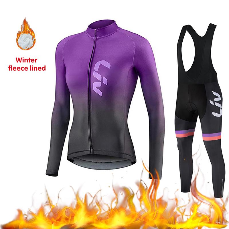 2026 Women's Cycling Suit Set Winter Velvet Long Sleeved Cycling Jersey Knitted Sweater Cycling Bib Warm Cycling Sports Shir