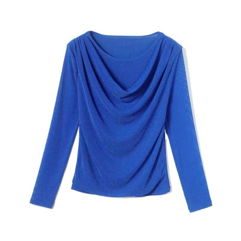 Herbstmode Vielseitiges Rundhals Glänzendes Seide Langärmliges Mesh Basishemd für Damen Slim Fit Pullover Top T-Shirts Damen