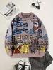 Stylish Korean Round Neck Men's Wool Sweater - Autumn/Winter Casual Loose Fit with Graffiti and Color Block Design