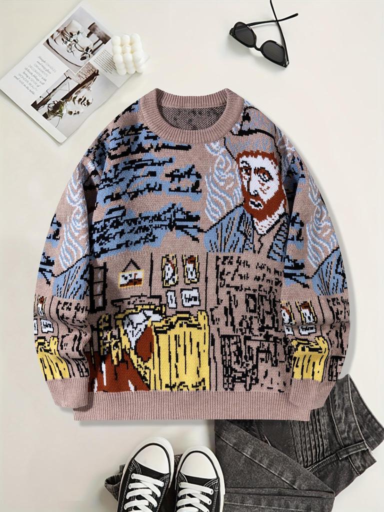 Stylish Korean Round Neck Men's Wool Sweater - Autumn/Winter Casual Loose Fit with Graffiti and Color Block Design