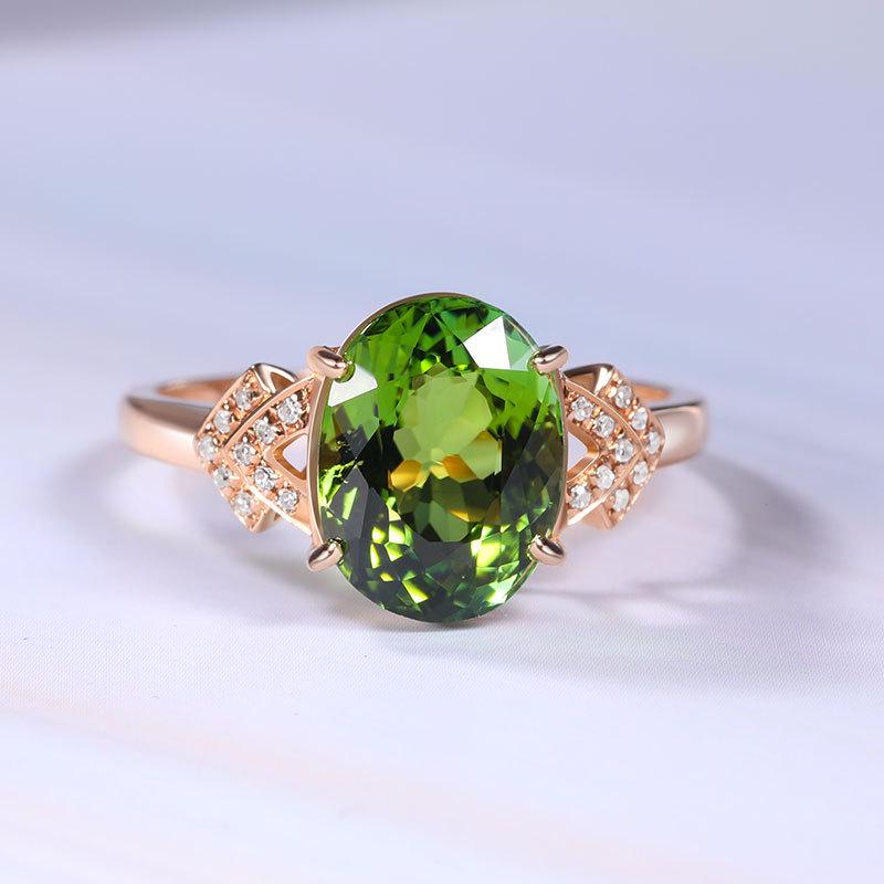 Oval Simulated Emerald Tourmaline Open Ring, 18K Rose Gold-Plated Jewelry for Women