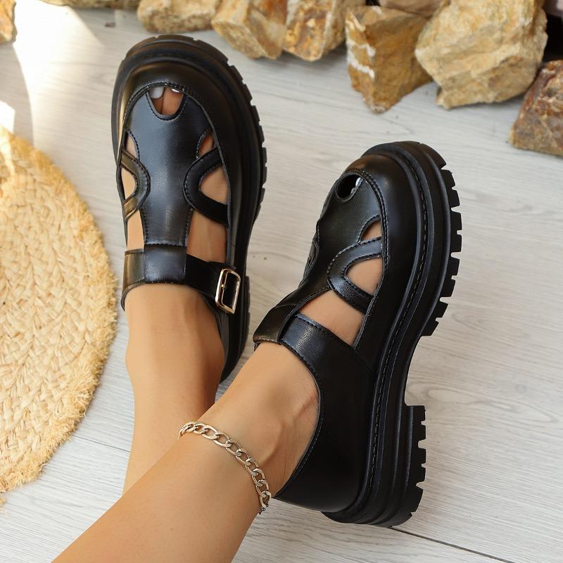 Black Pu Leather Thick Bottom Rome Sandals Women Summer Closed Toe Platform Sandles Woman Fashion Non Slip Beach Sandalias Mujer