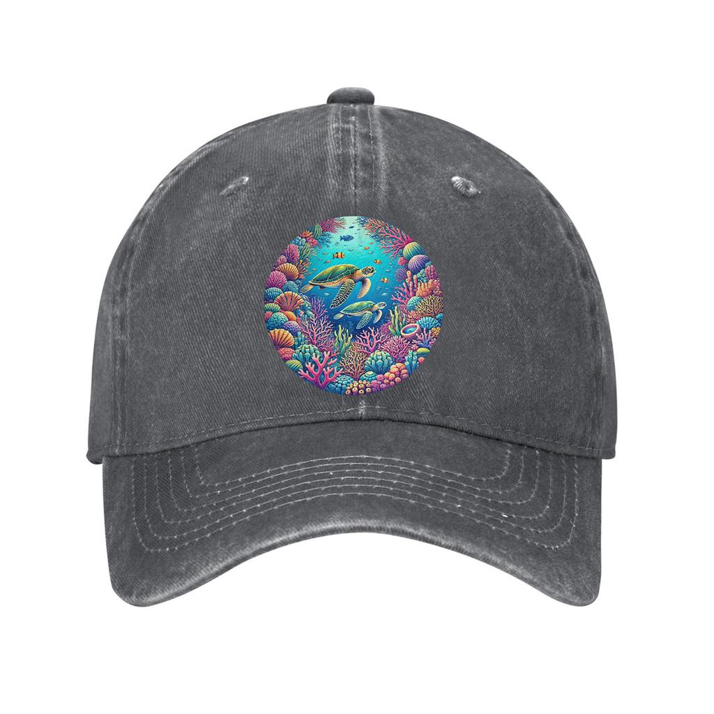 Sea Turtle Coral Reef Print Cotton Baseball Cap Adjustable Curved Brim Casual Sun Protection Hat