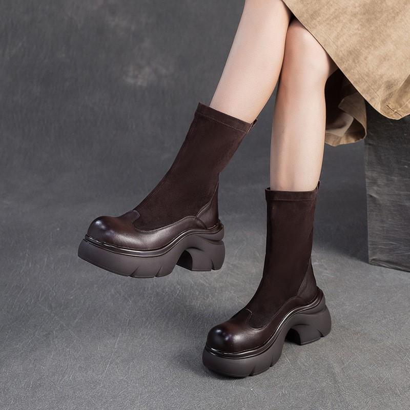 Fashion GKTINOO 2025 Autumn Winter New Retro Mid-calf Boots Genuine Leather Comfortable Thick Soled British Stretch Boots Women's Shoes
