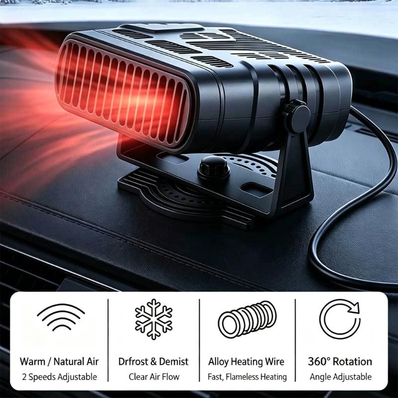 12V or 24V 2-in-1 Car Heater & Coolers, Car Windshield Heater Fan with Warm and Cool Operation, Adjustable Aiming Support and Attached Vehicle Power