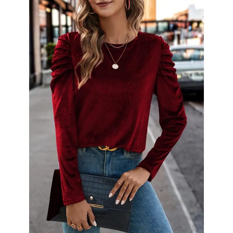 Womens Winter Stretch Velvet Casual Round Neck Fitted Puff Sleeve Long Top