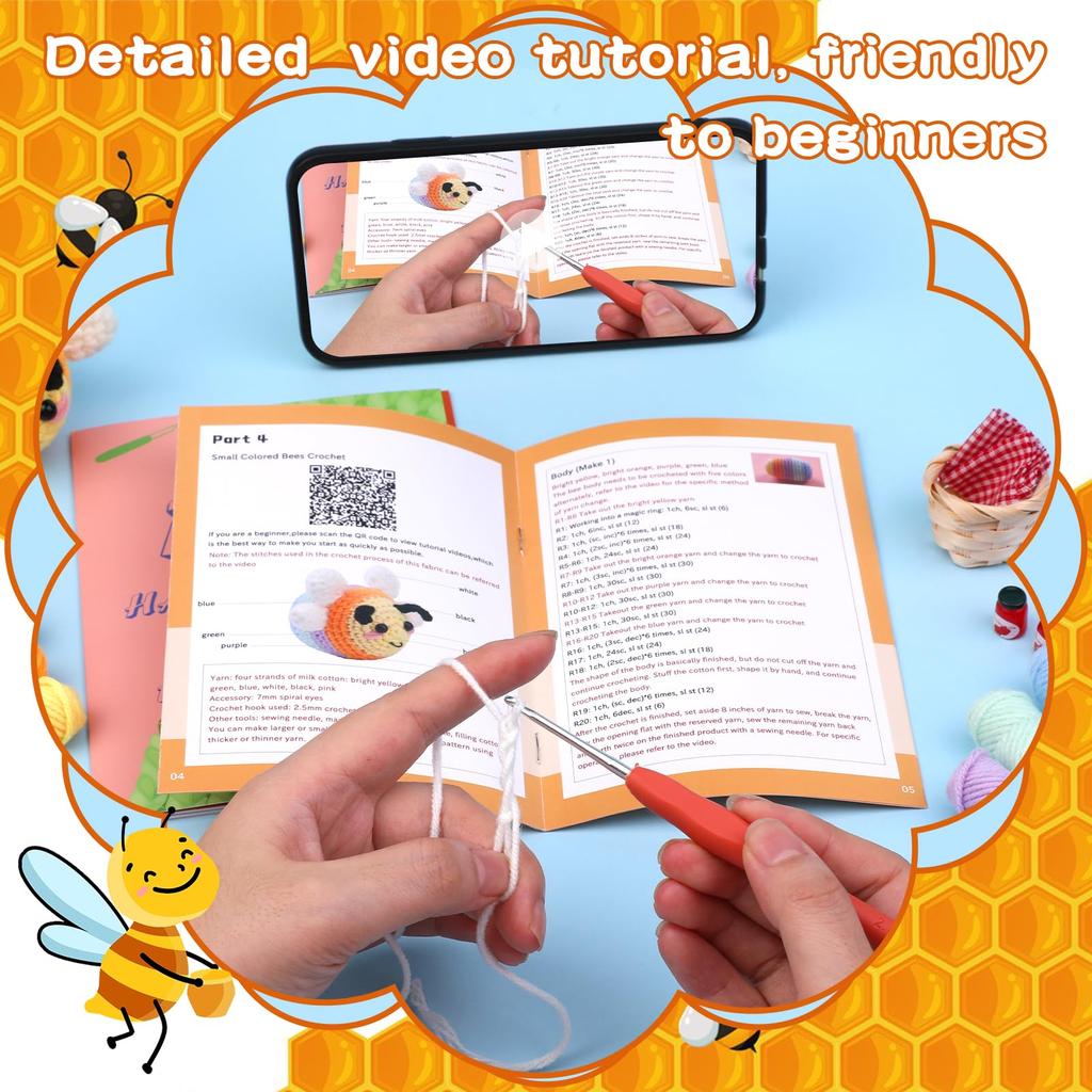 Fenrry Crochet Animal Kit Bee with Hook Yarn Set for Beginners Adults DIY Craft Supplies Step-by-Step Video Tutorials