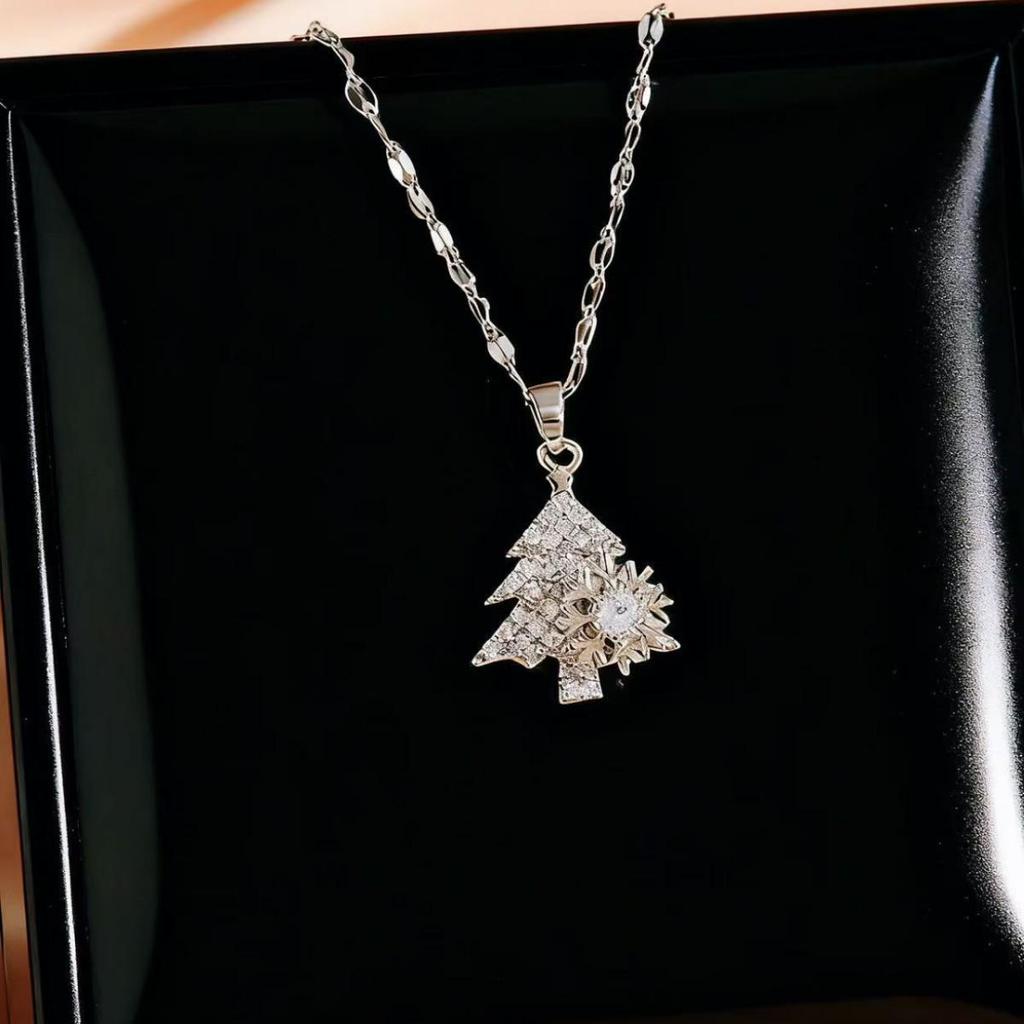 Christmas Tree & Cross Titanium Steel Necklace - Fashionable Women's Design with Micro-Inlaid Copper