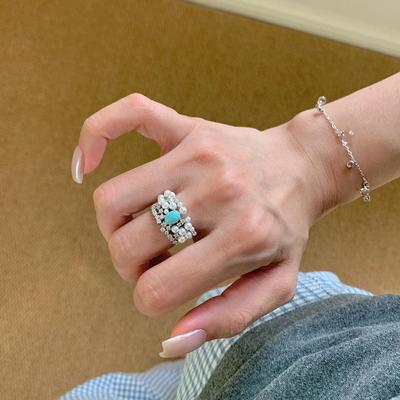 Französischer leichter Luxus Retro Hohes Gefühl Diamant Türkis Perlenring Romantischer Hofstil Sanftes Temperament Ring