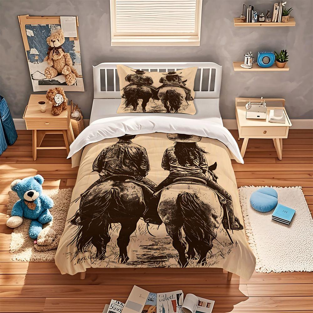 Cowboy Duvet Cover Set Rustic Farmhouse Bedding Set 3D Digital Print Microfiber Quilt Cover for Bedroom Decor