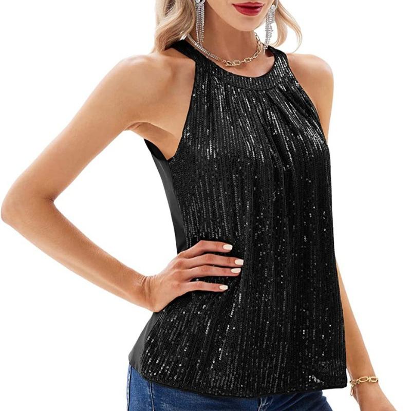Summer New Sleeveless Loose Sequin Women Shirts Fashion Solid Halter Elegant Party Casual Blouse Women Tops Street Slim Fit Simple Ladies Shirt 26586