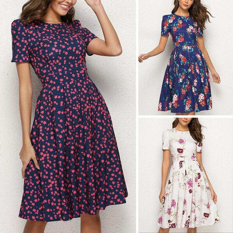 Summer Women Vintage A-line Dress Tunic With Long And Short Sleeve Floral Print