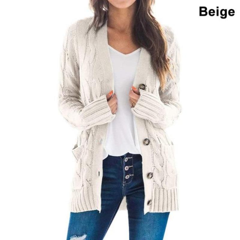 Women Knitted Cardigan Sweater Autumn Winter V-Neck Button Long Sleeve Sweaters Coat Casual Pockets Solid Femme Knitwear Coat
