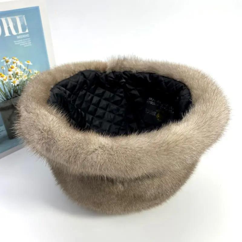 Genuine Mink Fur Hat Women's Luxury Winter Warm Fedora Brim Hats Stylish Outdoor Snow Natural Real Fur Hat