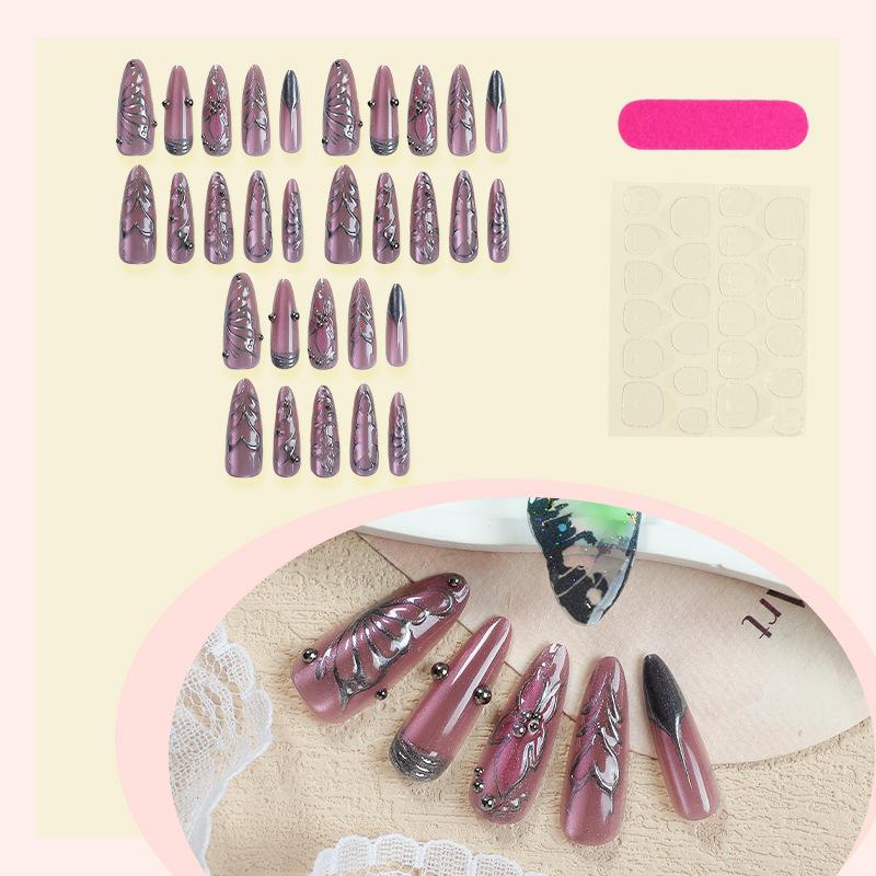 24 uñas postizas largas de aguja con diseño de ojo de gato brillante y pegamento, diseño de mariposas 3D plateadas, estilo Spice Girls.