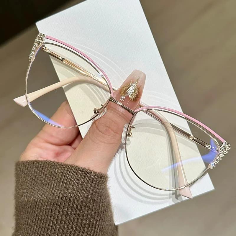 Neutral Fashion Metal Eyeglass Frames Diamond-Encrusted Frames Anti-Blue Light Optical Glasses Cat-Eye Regular Glasses