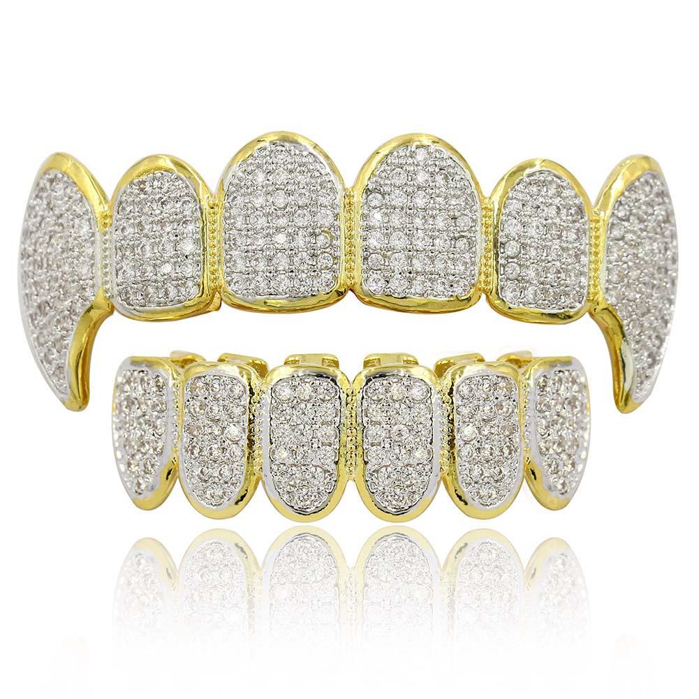 Hop Inset Zircon Teeth Fangs Brass Grillz Top Bottom As Body Jewelry