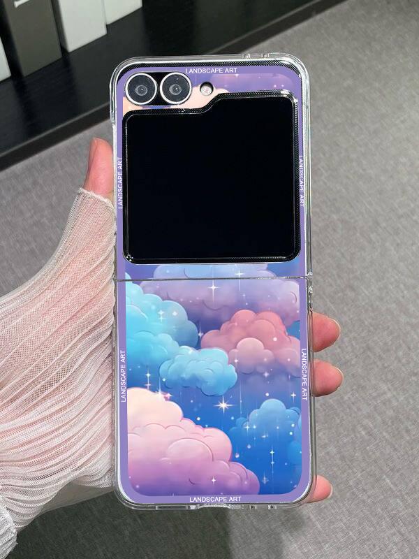 

INS Pink Purple Cloud Phone Case For Samsung Galaxy Z Flip 6 5 4 3 Anime Landscape Folding Hard PC Cover for Zflip 5 Clear Capa Samsung ZFlip 5