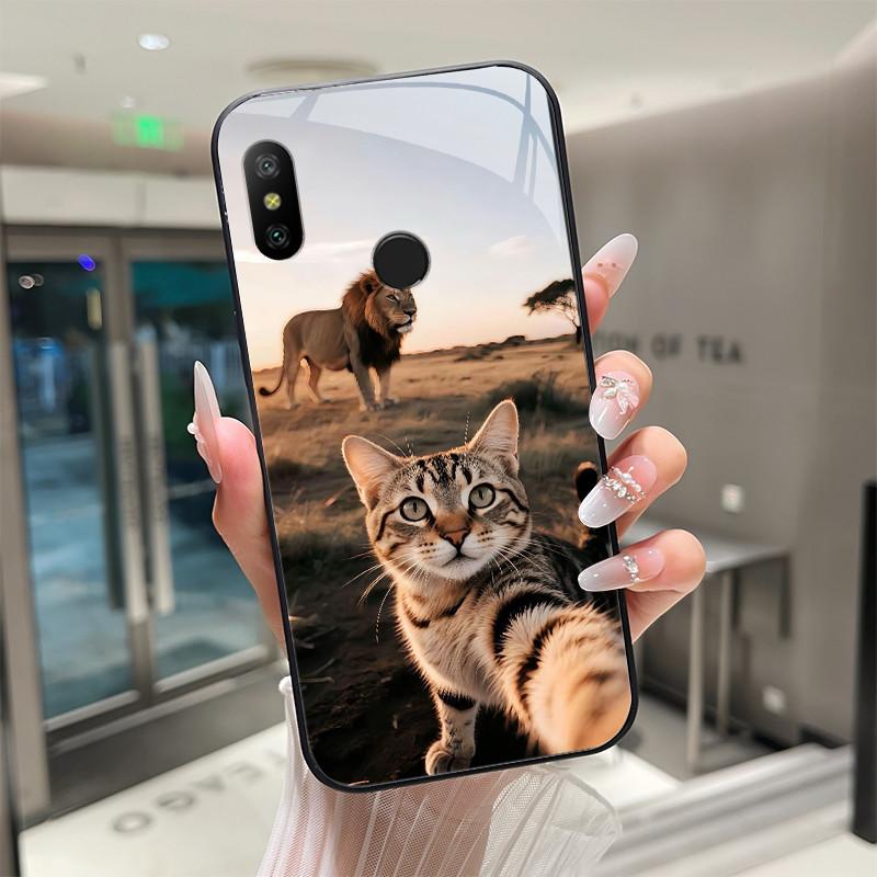 Beautiful Flower Cute Cartoon Cats Case For Xiaomi Mi A2 / Mi A2 Lite Tempered Glass Phone Case Protective Back Cover Hard Shell