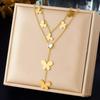 Gold Plated Layered Butterfly Necklace with Heart CZ, Dainty Double Chain Butterfly Pendant Lariat Y-Necklace, Cute Jewelry for Women Gift