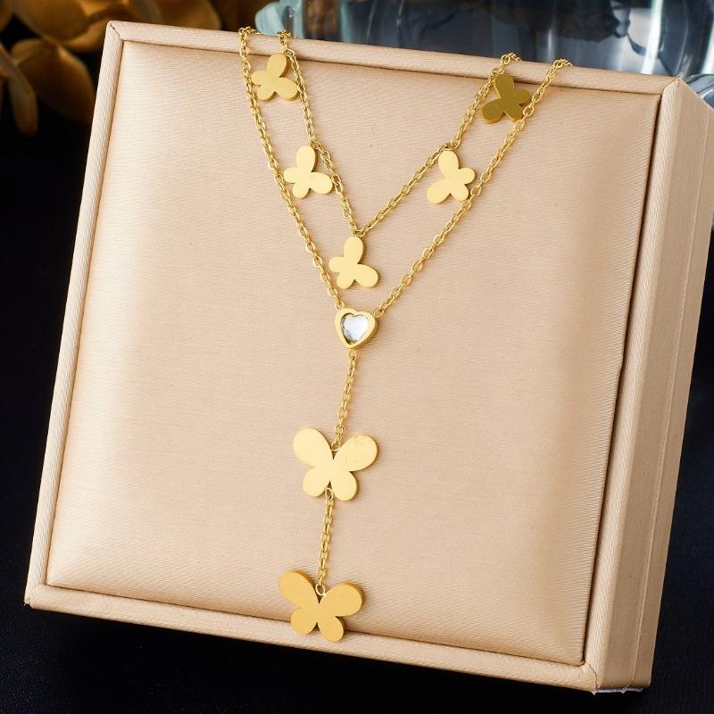 Gold Plated Layered Butterfly Necklace with Heart CZ, Dainty Double Chain Butterfly Pendant Lariat Y-Necklace, Cute Jewelry for Women Gift золотой