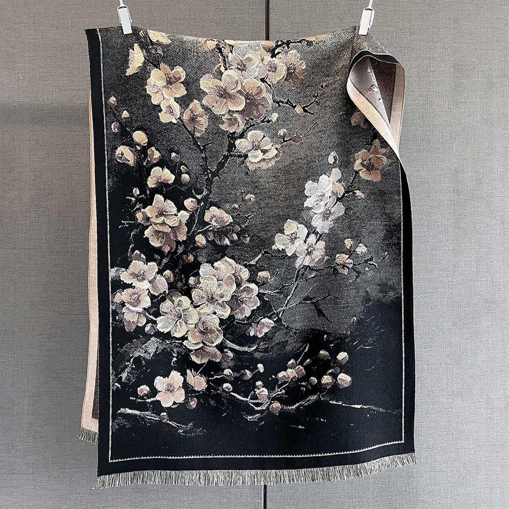 Autumn New Plant Flower Print Scarf Autumn and Winter Imitation Cashmere High-end Warm Scarf Shawl Women