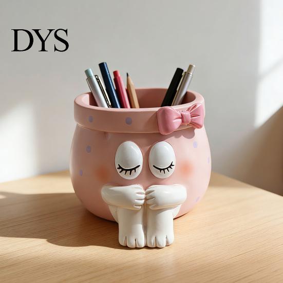 Pink Aesthetic Decor Cute Cartoon Girl Pen Holder, Resin Makeup Brush Decorative Desktop Creative Stationery Holder Organizer with Bow Design,