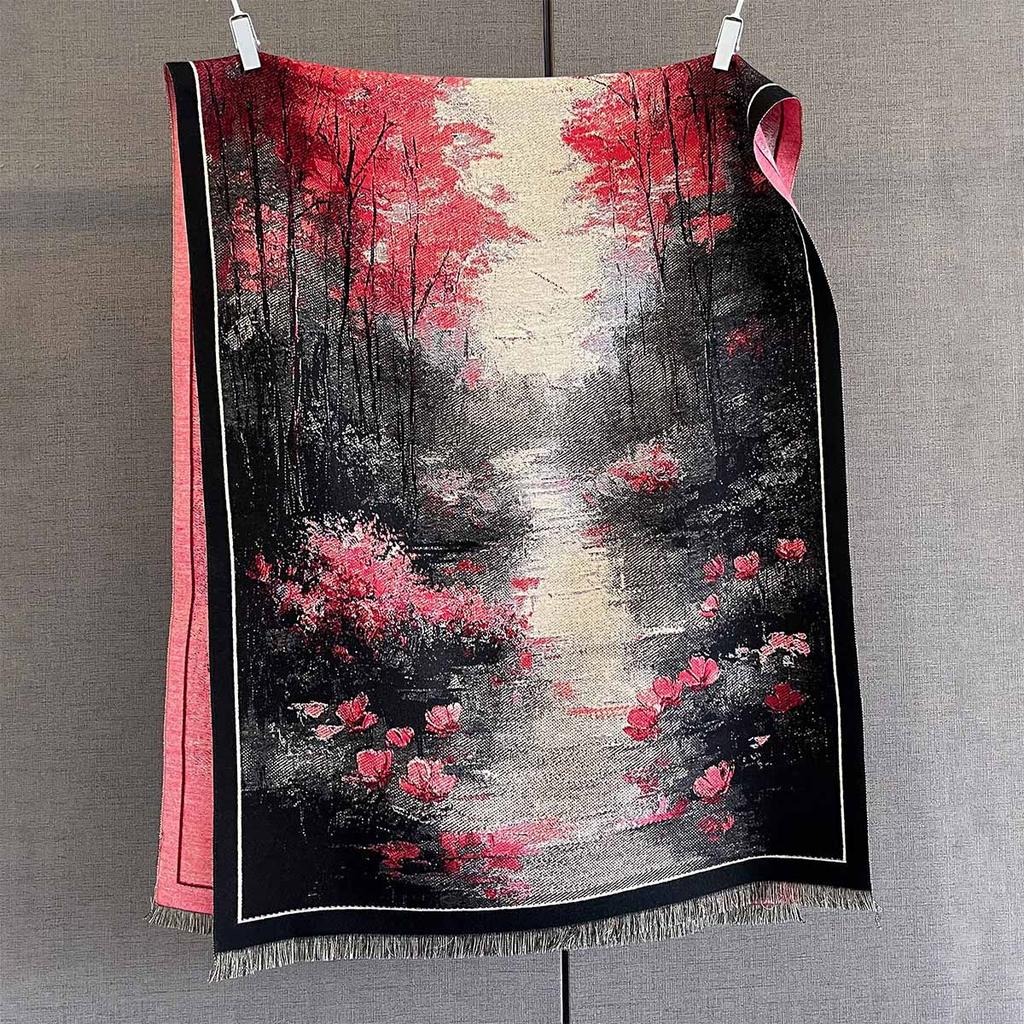 Autumn personalized versatile plant flower print scarf women's imitation cashmere warm windproof scarf with a large shawl tide