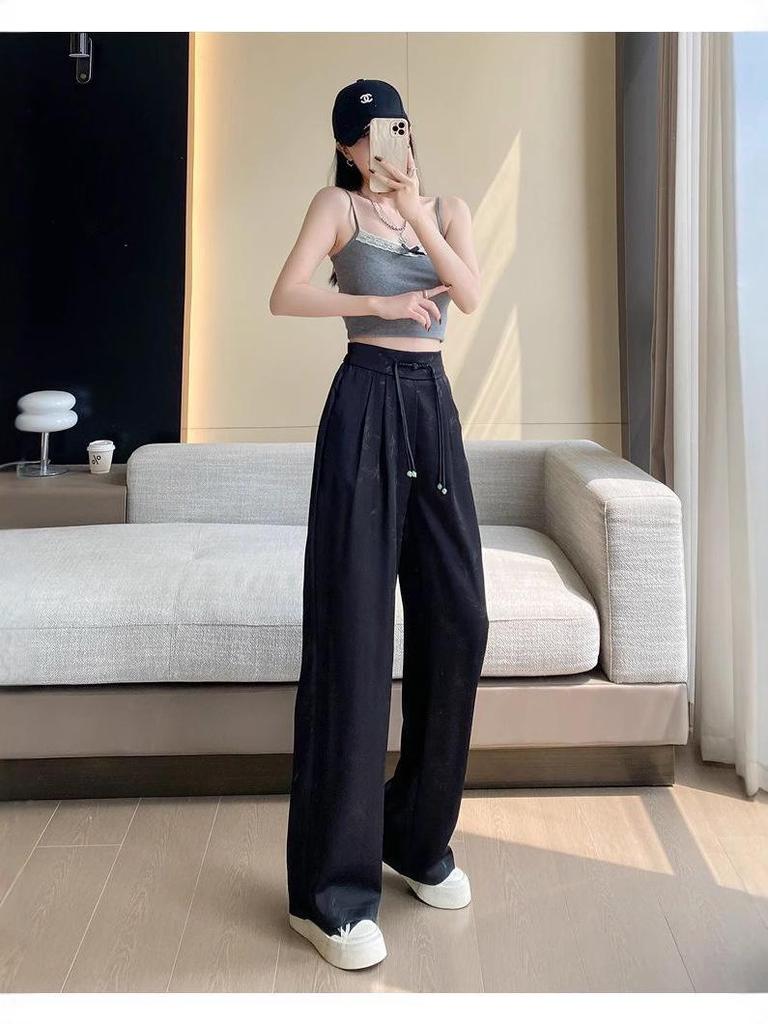 2025 Spring/Summer Women's Jacquard Satin Wide-Leg Pants: High-Waist, Buttoned, Slim-Fit, Casual Trousers.