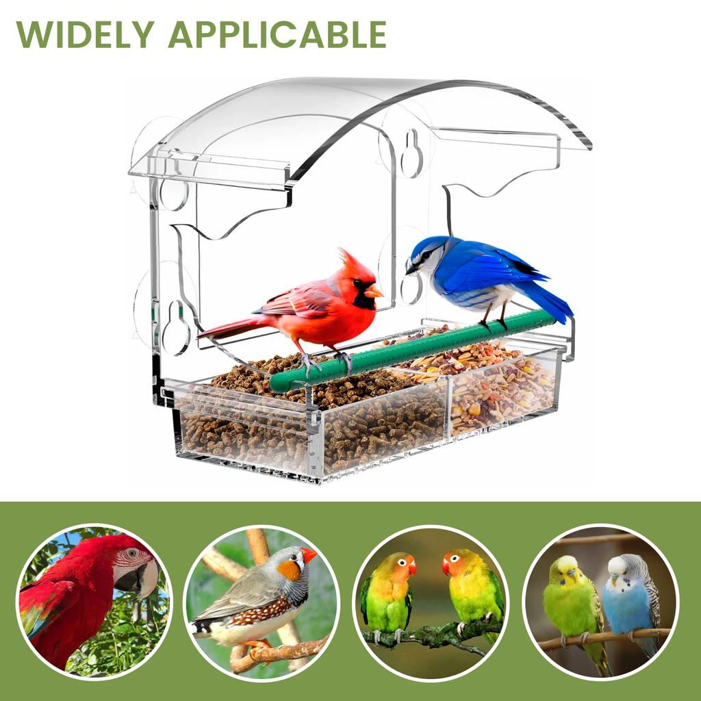 Clear Window Bird Feeder Acrylic Bird House with Suction Cup Removable Tray Perch Weatherproof Outdoor Bird Feeder Food Containe