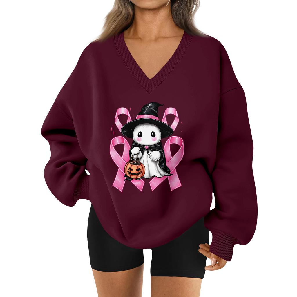Women's V-neck Dropped Shoulder Halloween Print Sports Sweatshirt Top
