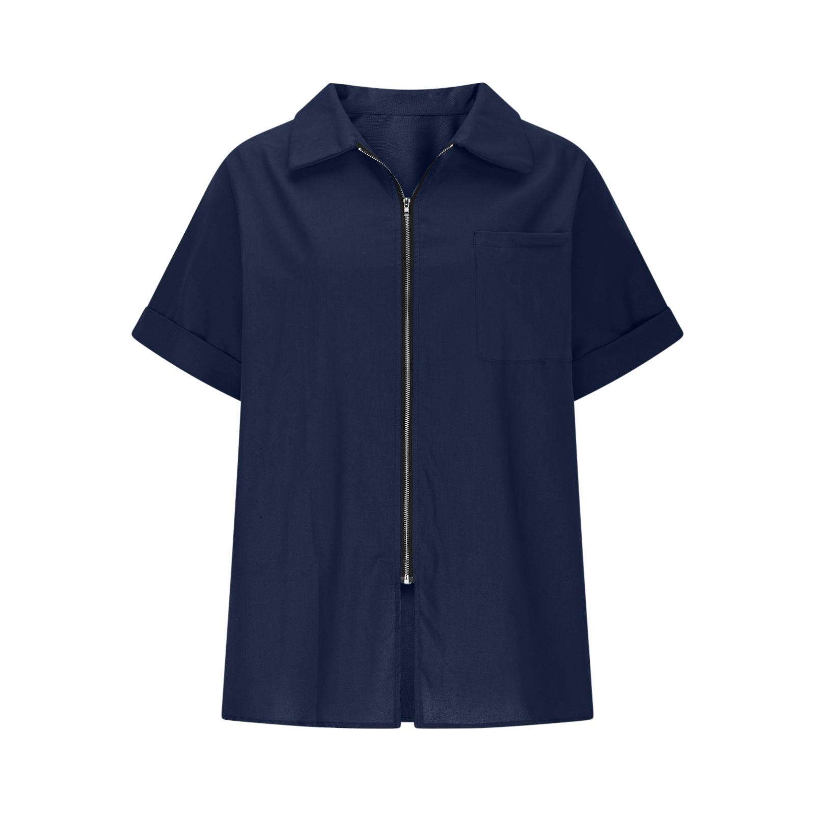 

2026 Spring/Summer Cotton-Linen Pocket Button Short-Sleeve Shirt Casual Women s T-Shirt S темно-синий