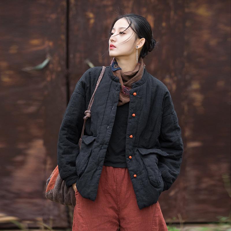 Winter Women's Ramie Quilted Quilted Warm Cotton Clothes Improved Disc Buckle Stand-up Collar All-match