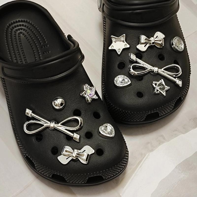 Silver Metal Clogs Decorations Summer 2026 New Design White Bowknot Women Shoes Charms Set DIY Flower Crystal Shoes Accessories