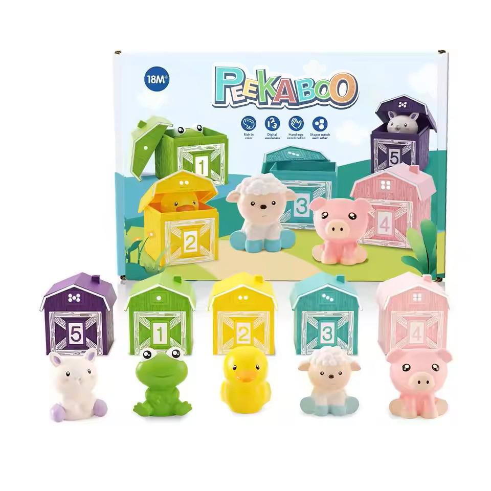 Toddler Montessori Learning Toys Counting Matching & Color Sorting Set Farm Animal Finger Puppets Barn Toy Peekaboo Game