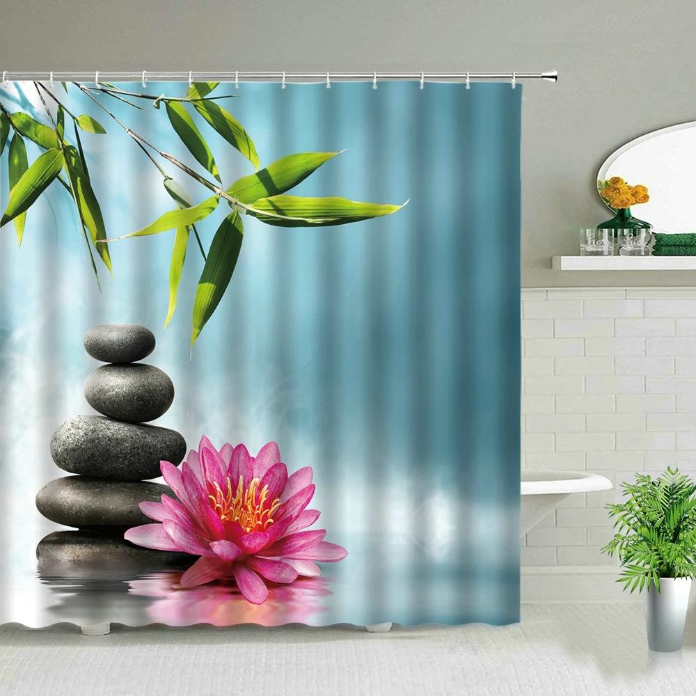 Zen Green Bamboo Buddha Shower Curtains Water Candle Stone Lotus Plant Garden Scenery 3D Home Decor Cloth Hooks Bathroom Curtain