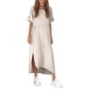 Women's Casual Loose Fit Short Sleeve Long Length Cotton Linen Split Dress
