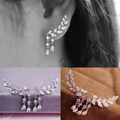 Damen Gold Silber Zirkon Blätter Quasten Ohrstecker Ohrringe Schmuck