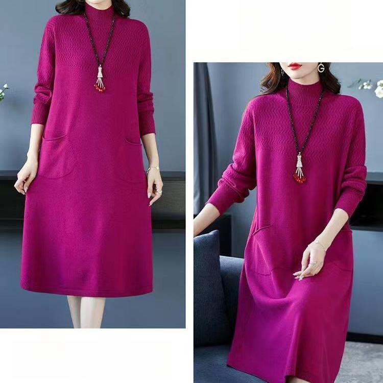 Solid Color Half Turtleneck Mid-length Knitted Dress for Women Long-sleeved Pullover Warm Winter Women's Sweater Dress