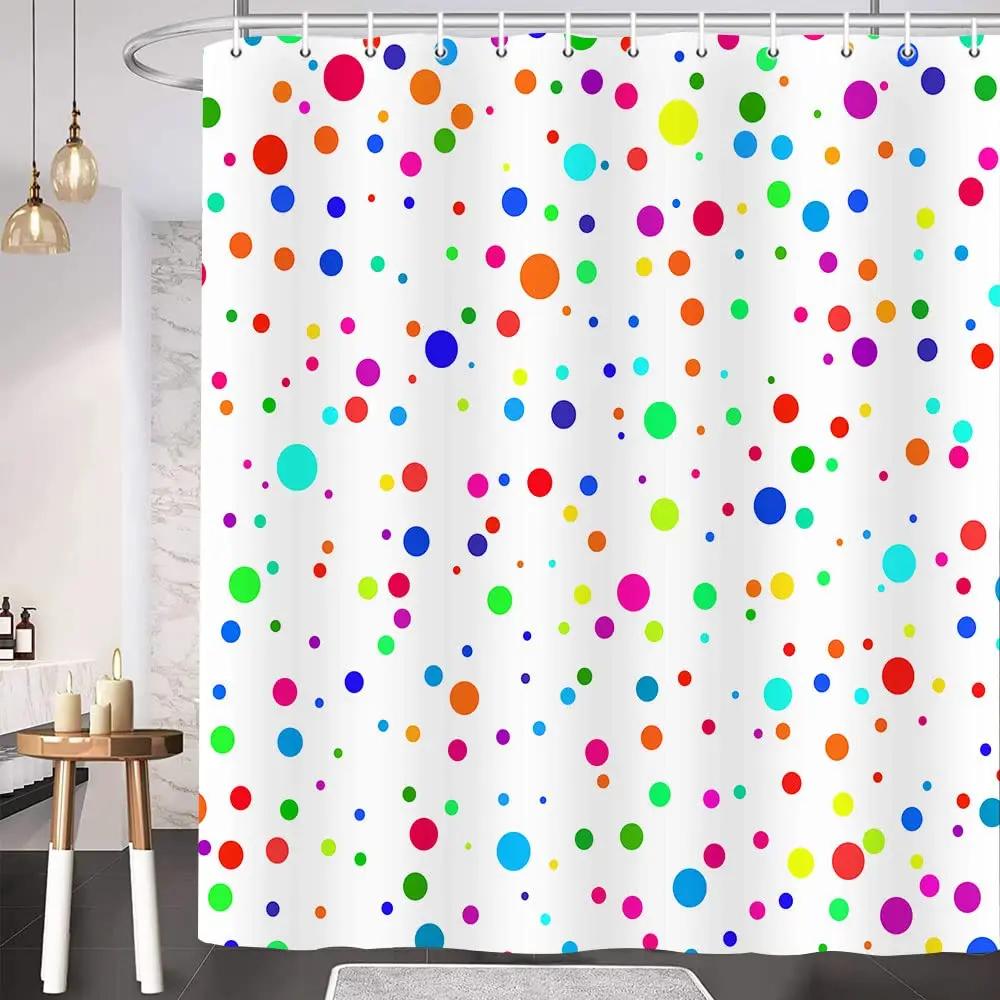 Cute Colorful Red Polka Dot Circle Shower Curtain,Rainbow Bathroom Shower Curtains With Hooks,Waterproof Funny Bathroom Curtains