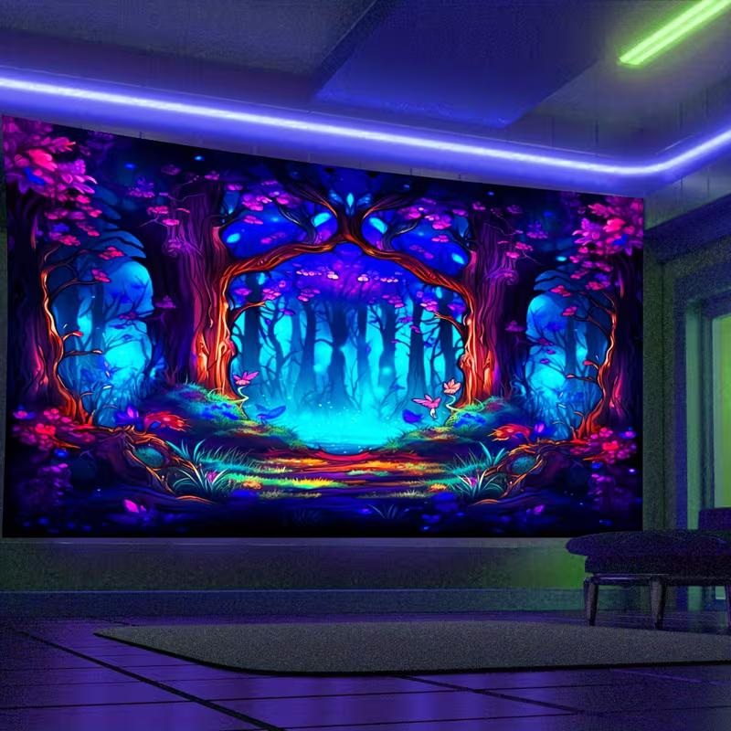 

2D Blacklight Forest Tapestry, UV Reactive Neon Fantasy Tree Wall Hanging 47.2x31.5inch/120*80cm