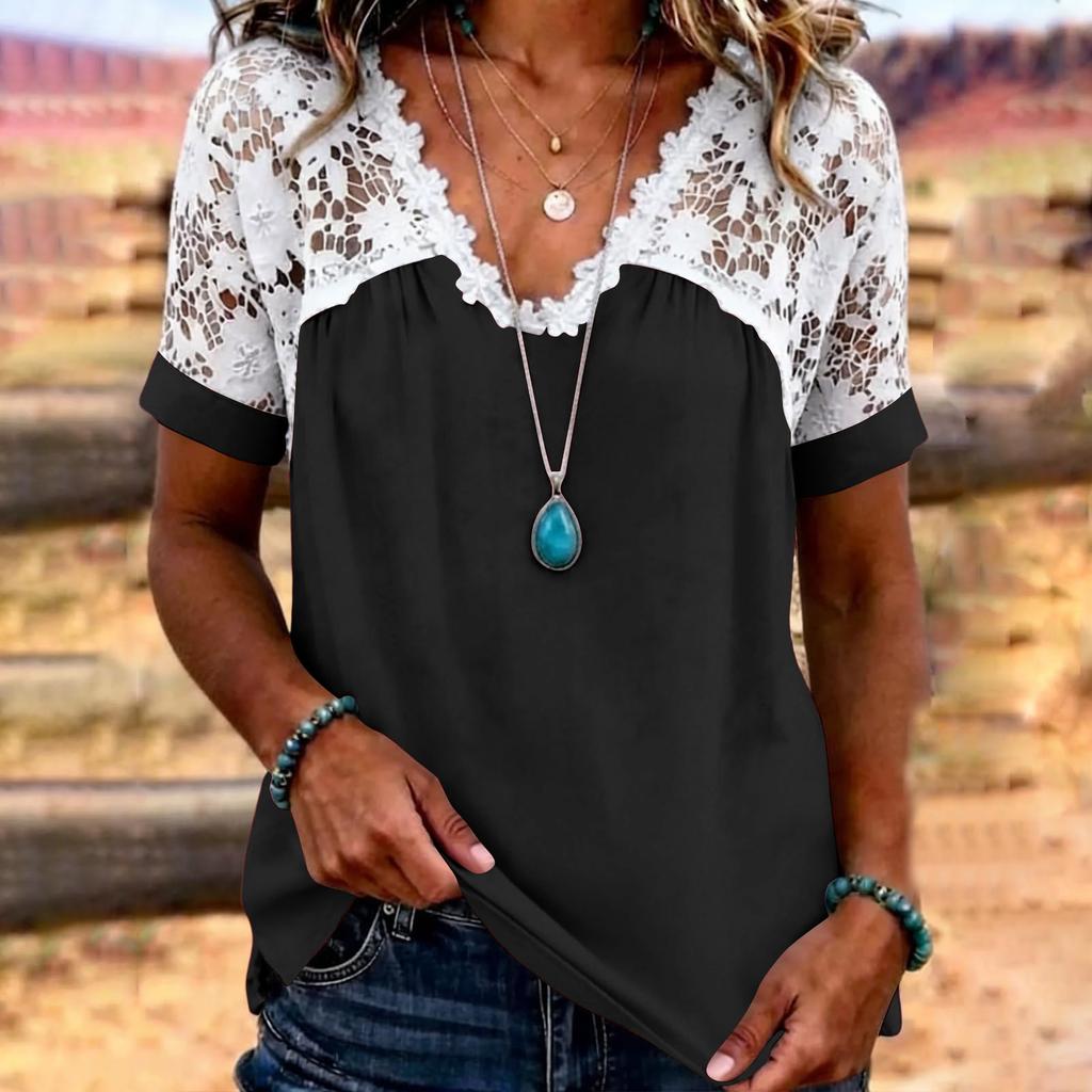 Women’s Short Sleeve Lace Patchwork Blouse V Neck Casual Loose Fit Top with Floral Crochet Design for Daily Wear