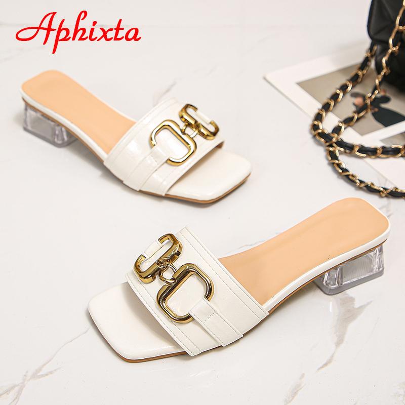 Aphixta 2025 Metal Buckle 3.5cm Transparent Square Heels Slides Women Peep Toe Mules Cool Summer Slippers Sandals Elegant Shoes