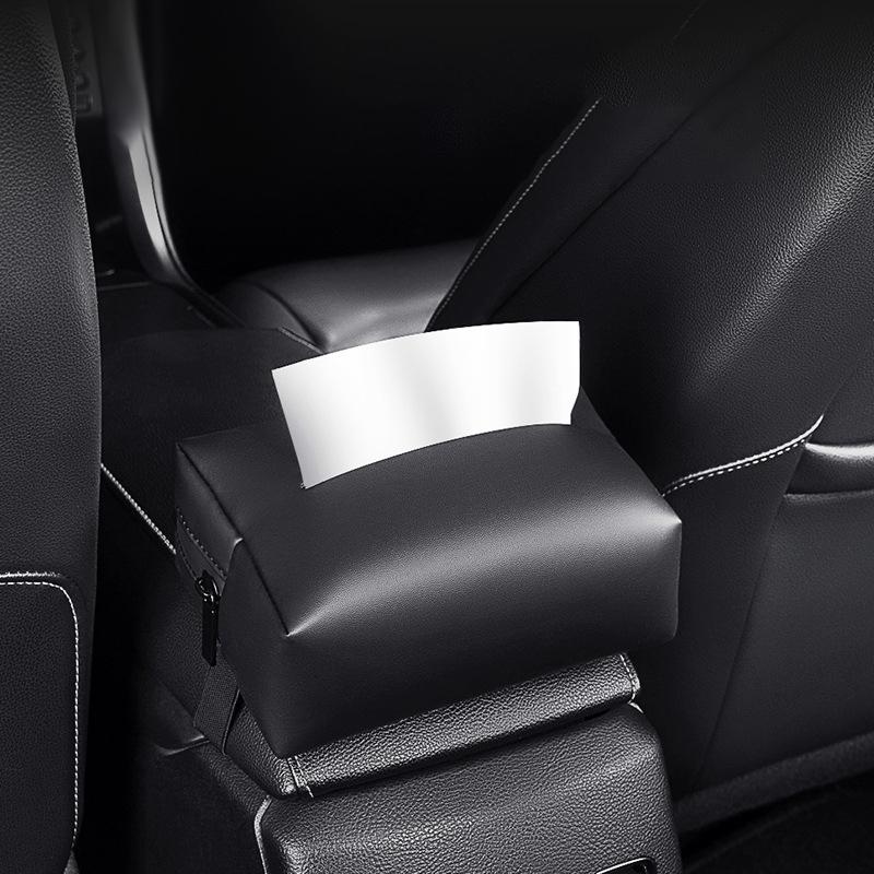 Ajustable PU Leather Car Armrest Tissue Box Backseat Tissue Case Holder Zipper Easy to Access and Installation Car