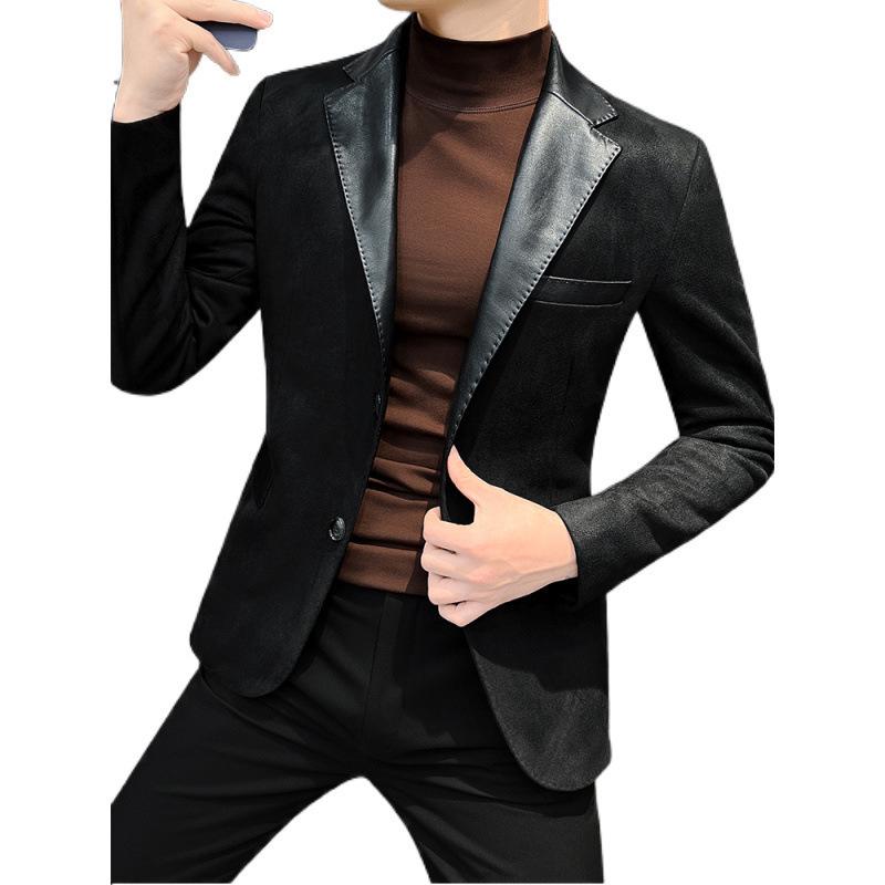 Skórzany 2025 Męski Khaki Szyty Blazer - Styl Hongkoński Jesień/Zima