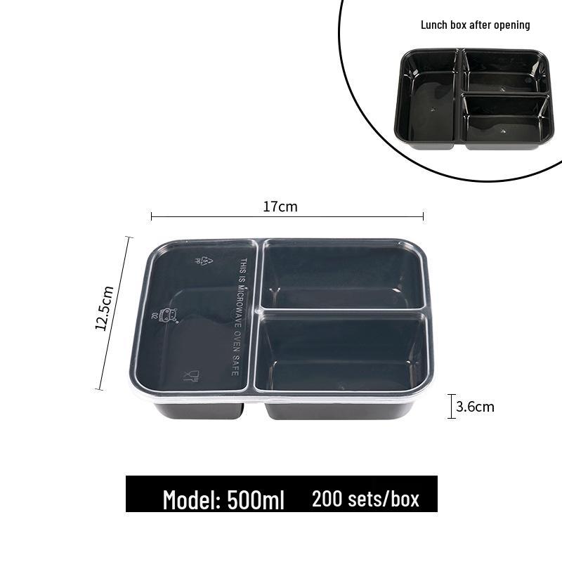 European & American Round Three-Compartment Disposable Lunch Box, Thickened Transparent Black Container for Takeaway Packaging