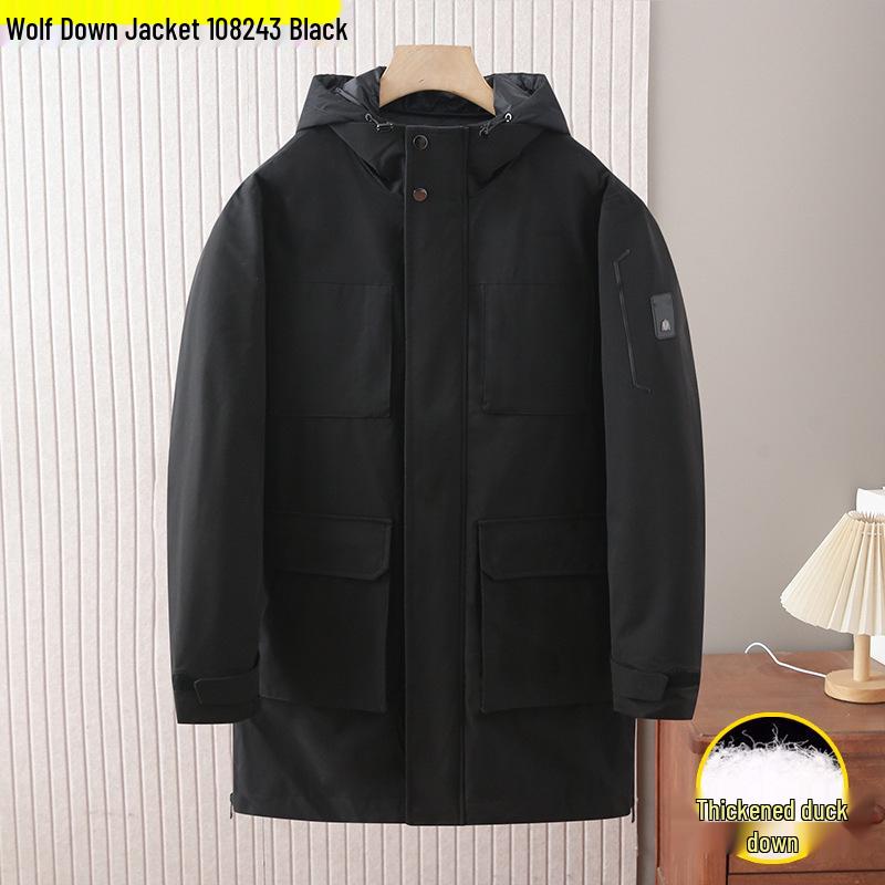 Wolf Men's Mid-Length Hooded Duck Down Jacket with Detachable Liner - Windproof and Warm for Winter
