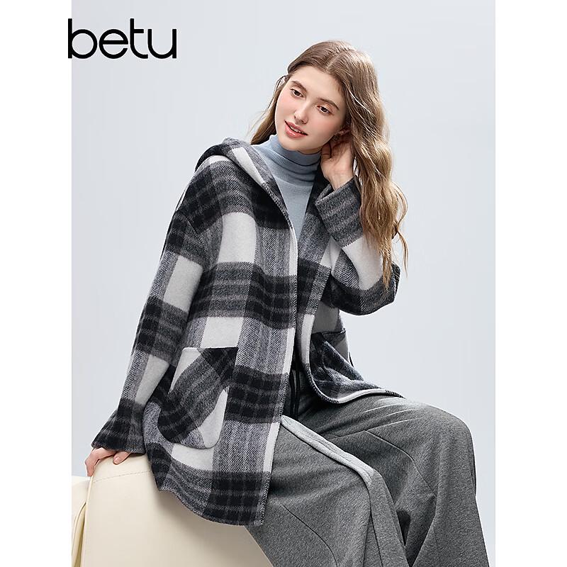 Betu Women's Hooded Plaid Wool Blend Overcoat