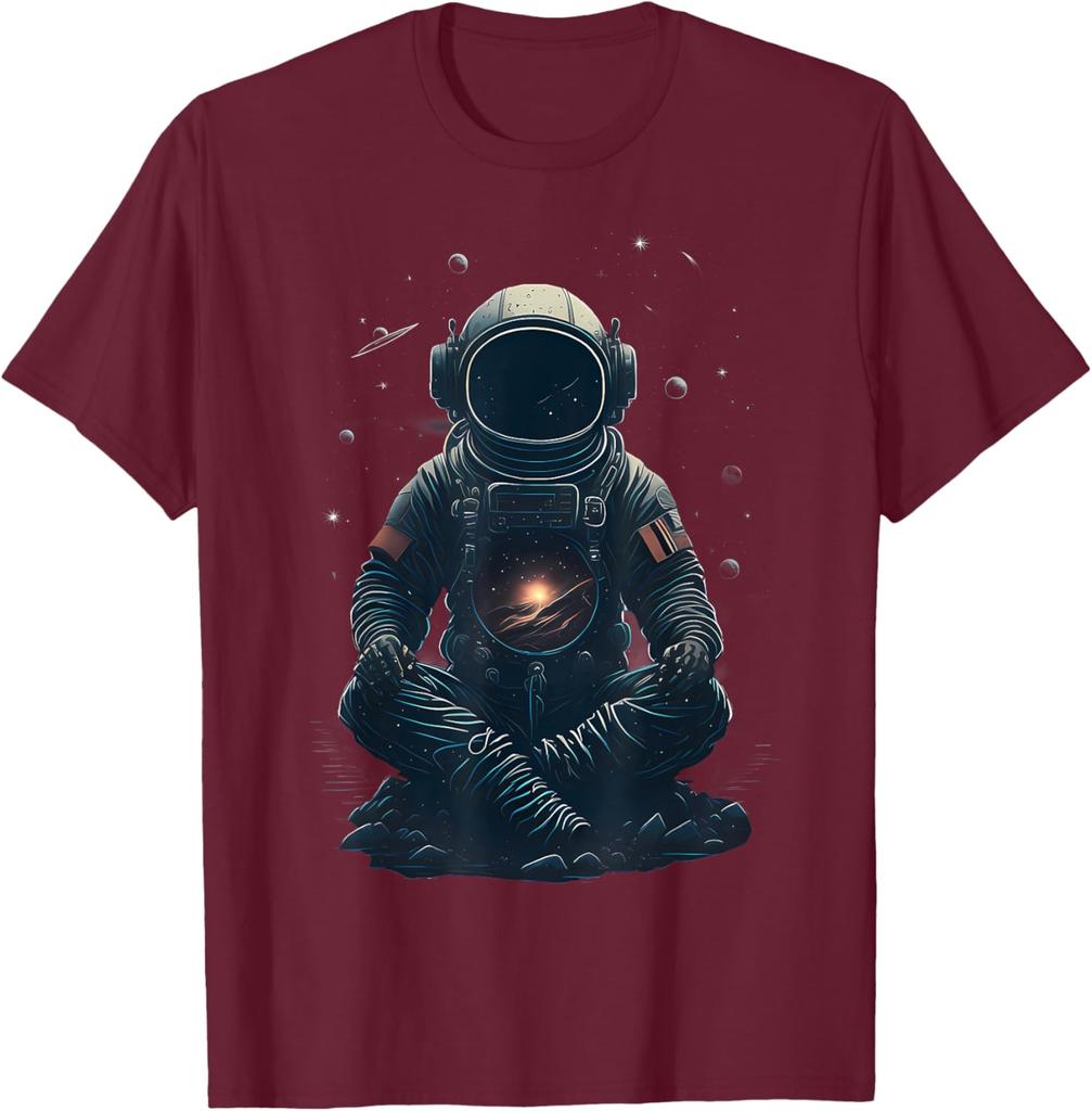Meditating Astronaut Galaxy Print Casual Cotton Short Sleeve Graphic Tee for Men