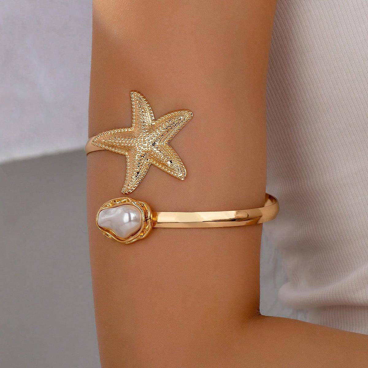 Ocean Resort Flower Starfish Faux Pearl Arm Cuff, Adjustable Upper Arm Bracelet Starfish A